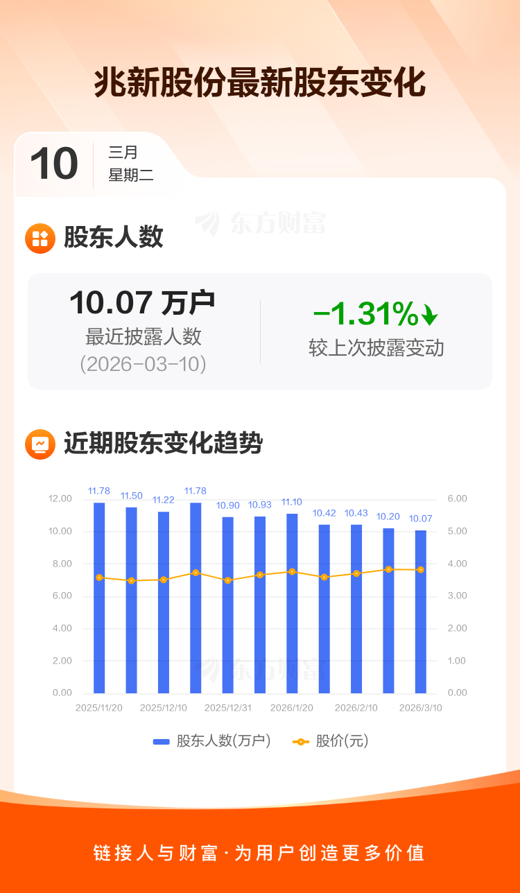 兆新股份：截至3月10日最新股东户数10.07万户，较上期减少1.31% _ 东方财富网