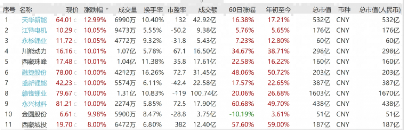 锂矿板块大涨 7.42％！赣锋涨停，天华新能、江特电机等10股涨超10％
