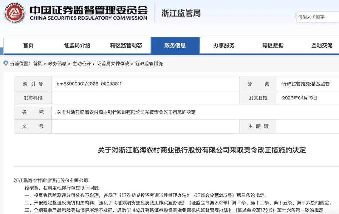 浙江两家农商行因基金销售业务违规被证监局责令改正并记入诚信档案