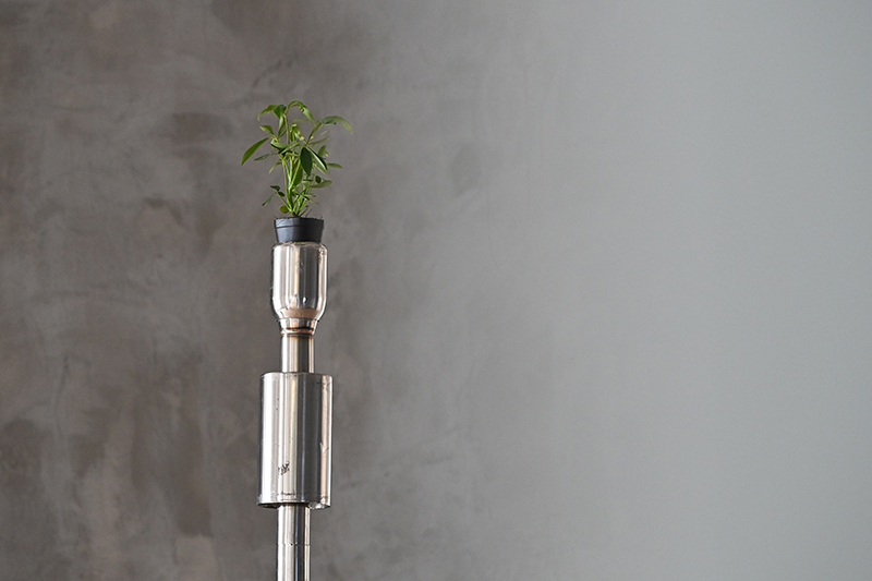 汽车尾气管改造的花盆，里面的绿植可与观众带来的绿植交换