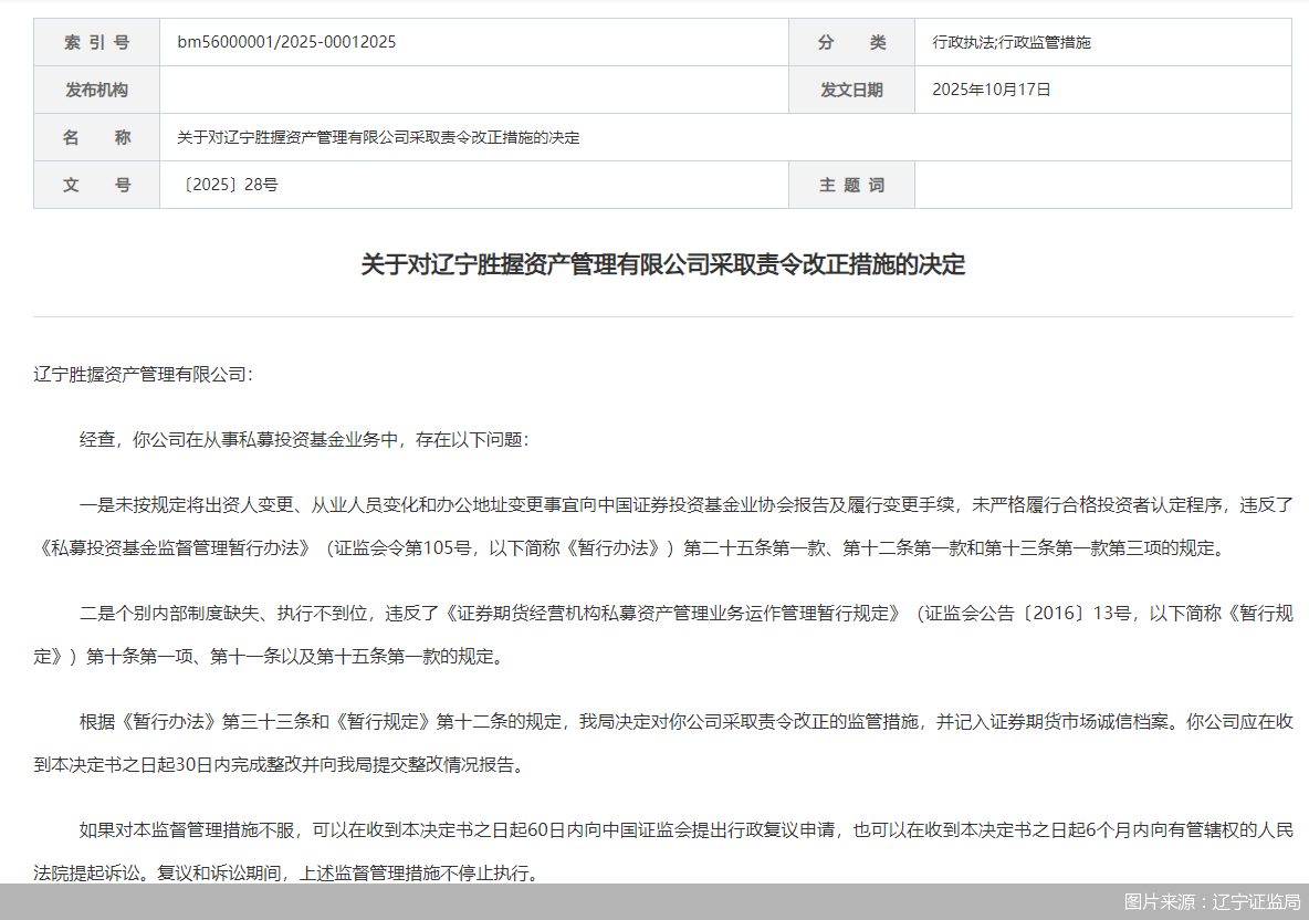 因从事私募投资基金业务存违规行为，胜握资产被监管责令改正
