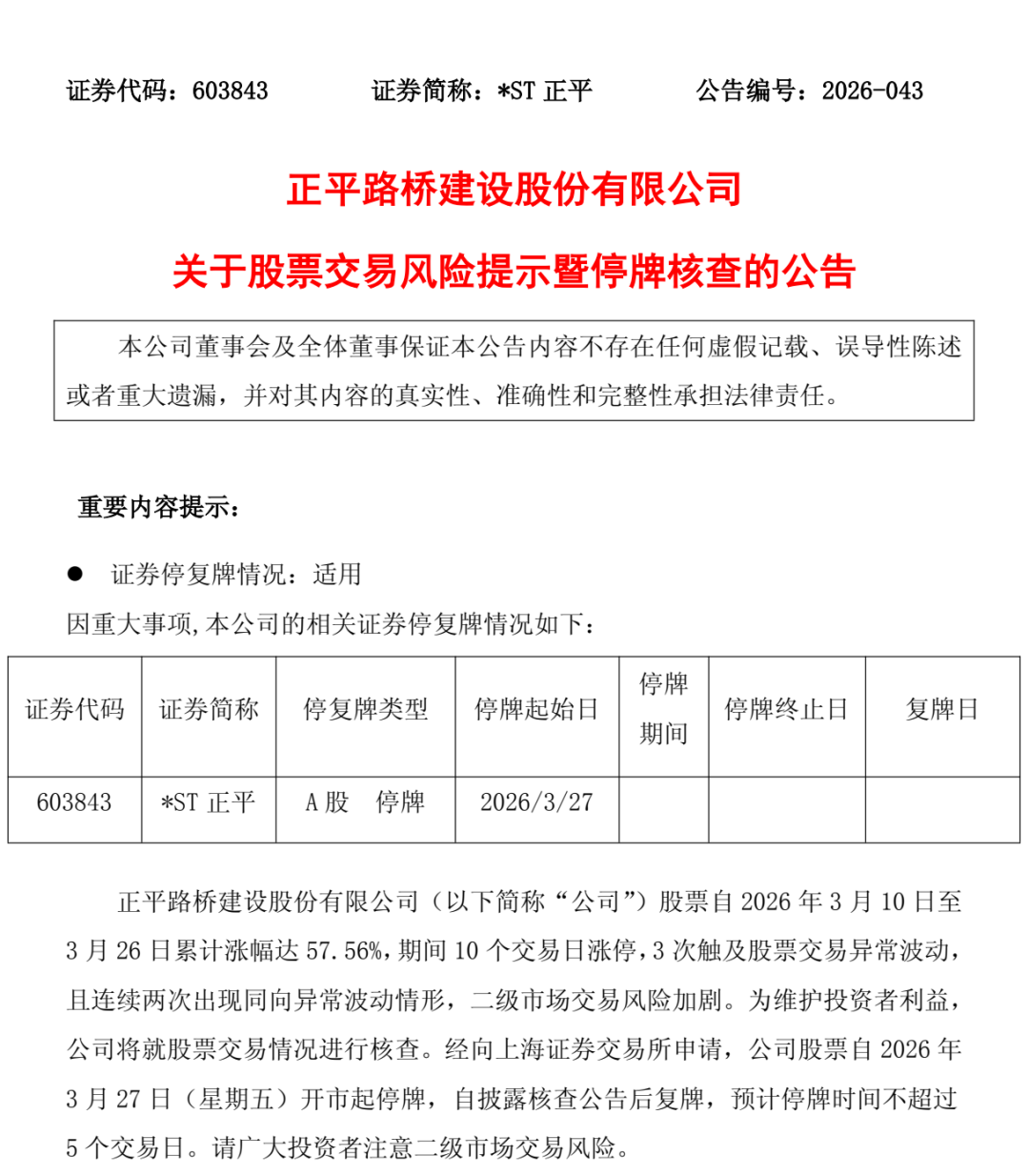*ST正平停牌核查 提示十项风险