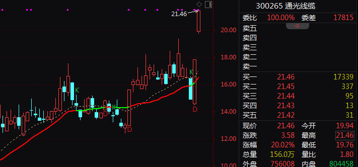 通光线缆2连20%涨停！4股获主力资金超20亿净流入！