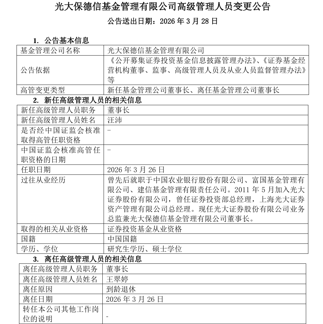 大股东“空降”，光大保德信基金迎新董事长，高管层全面焕新
