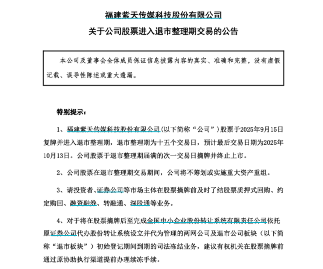 *ST紫天明起复牌！进入退市整理期