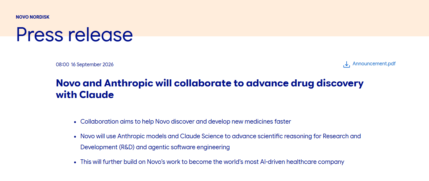 诺和诺德携手Anthropic 利用Claude加速新药研发