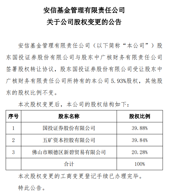 安信基金5.93%股权易主，国投证券正式“接盘”