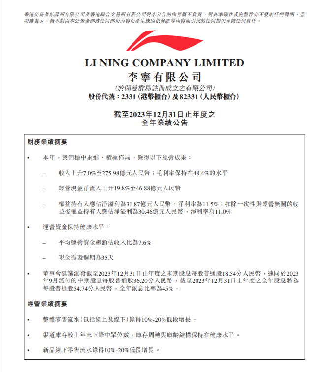 净赚3187亿元李宁2023年财报出炉股价大涨逾6