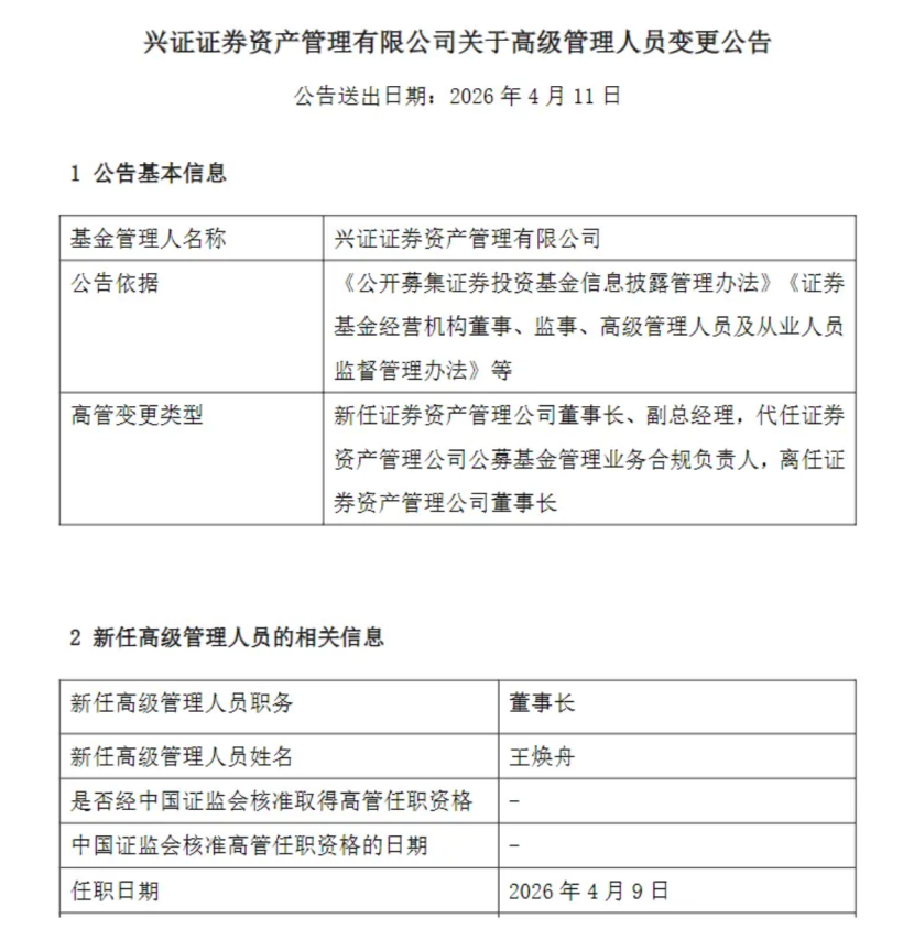 官宣！兴证资管董事长变更