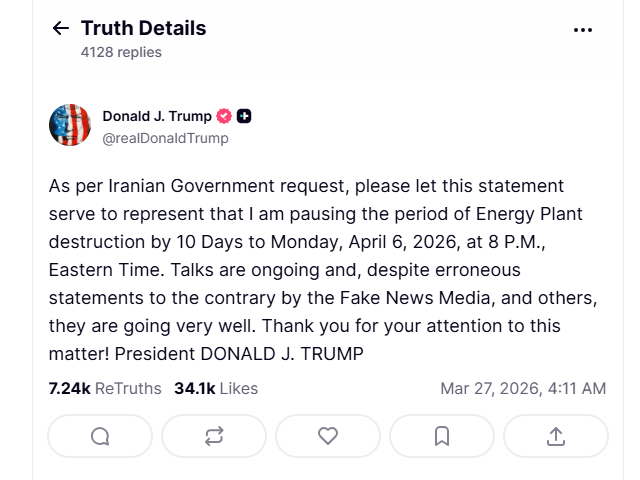 美伊极致拉扯：特朗普称收到“大礼” 再推迟10天打击能源设施！