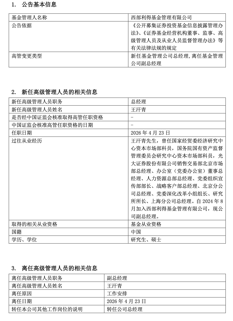 西部利得基金总经理落定，王汗青接任，如何保持上升势头是新班子的命题