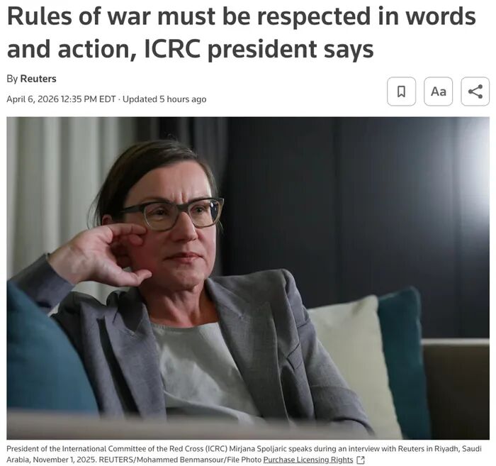 △路透社报说念,国外红十字会主席敦促列国政府在言行上尊重搏斗端正。