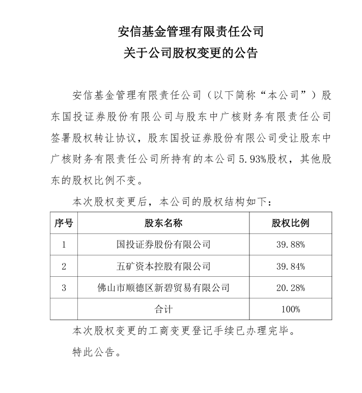 安信基金，股权变更！