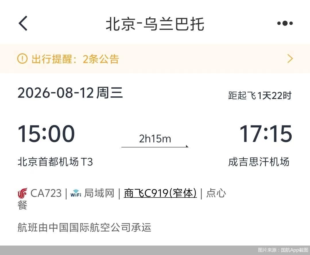 图片来源：国航App截图