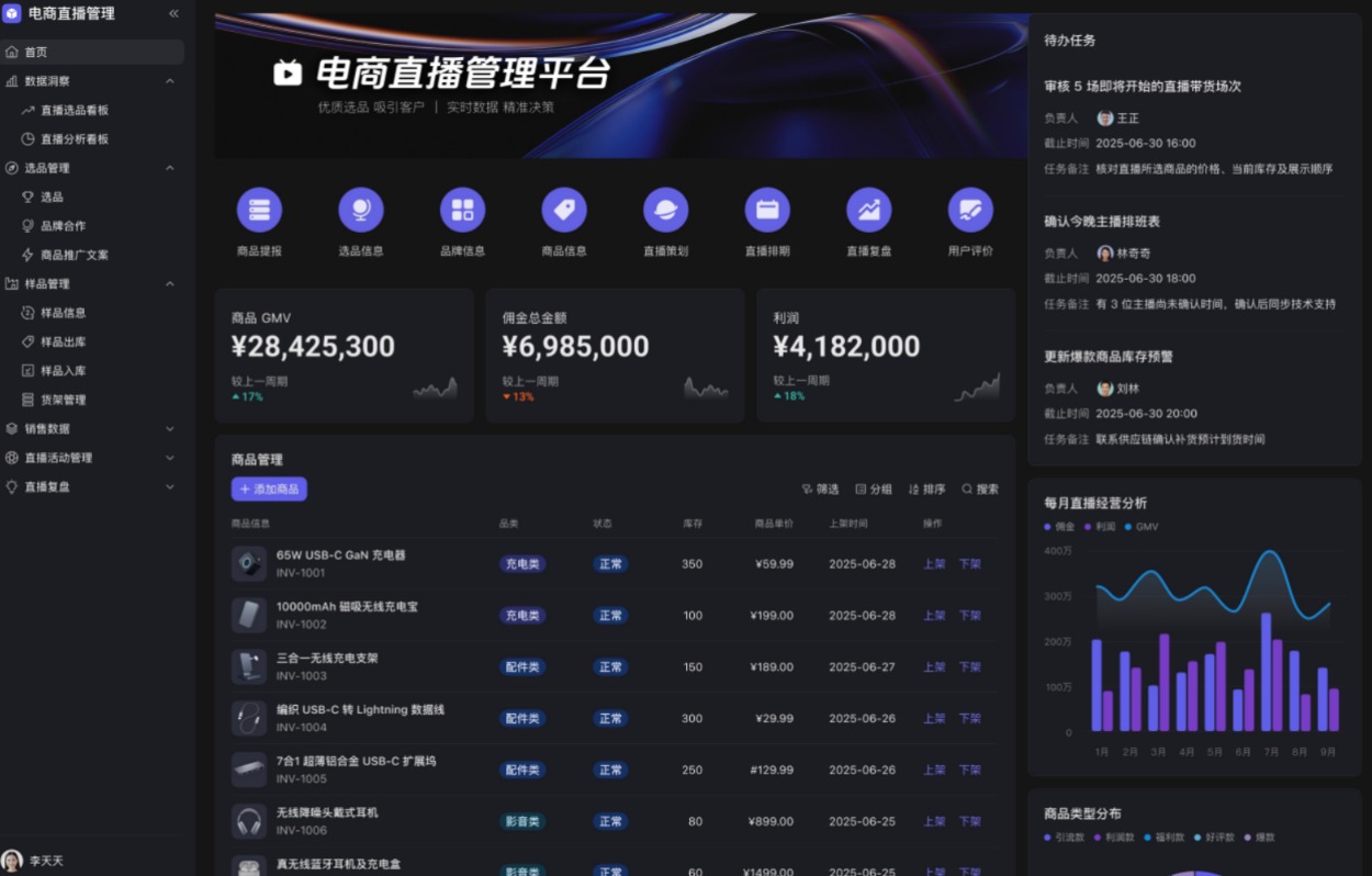 一个使用多维表格应用模式搭建的电商直播管理平台