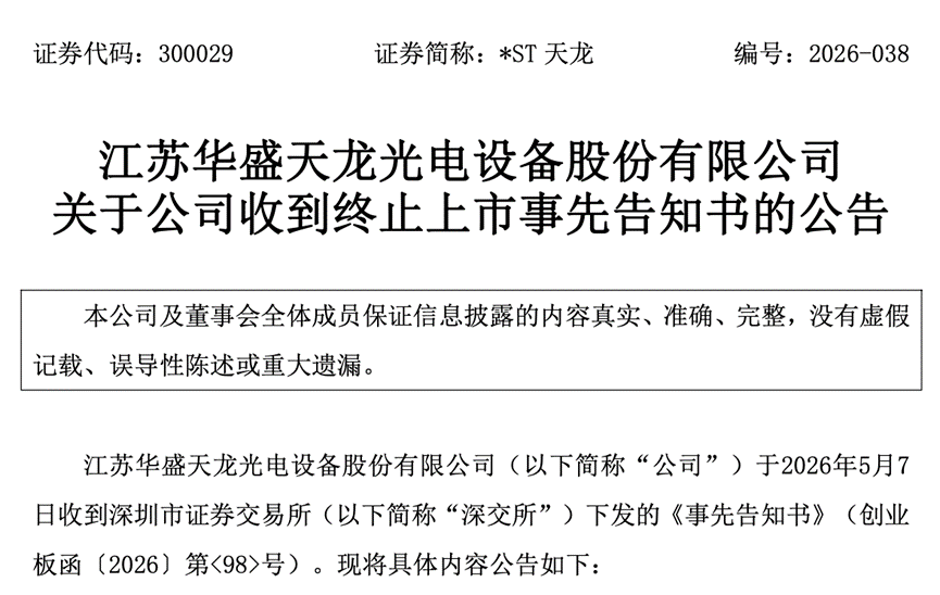 收到终止上市事先告知书 *ST赛隆、*ST天龙拟终止上市！