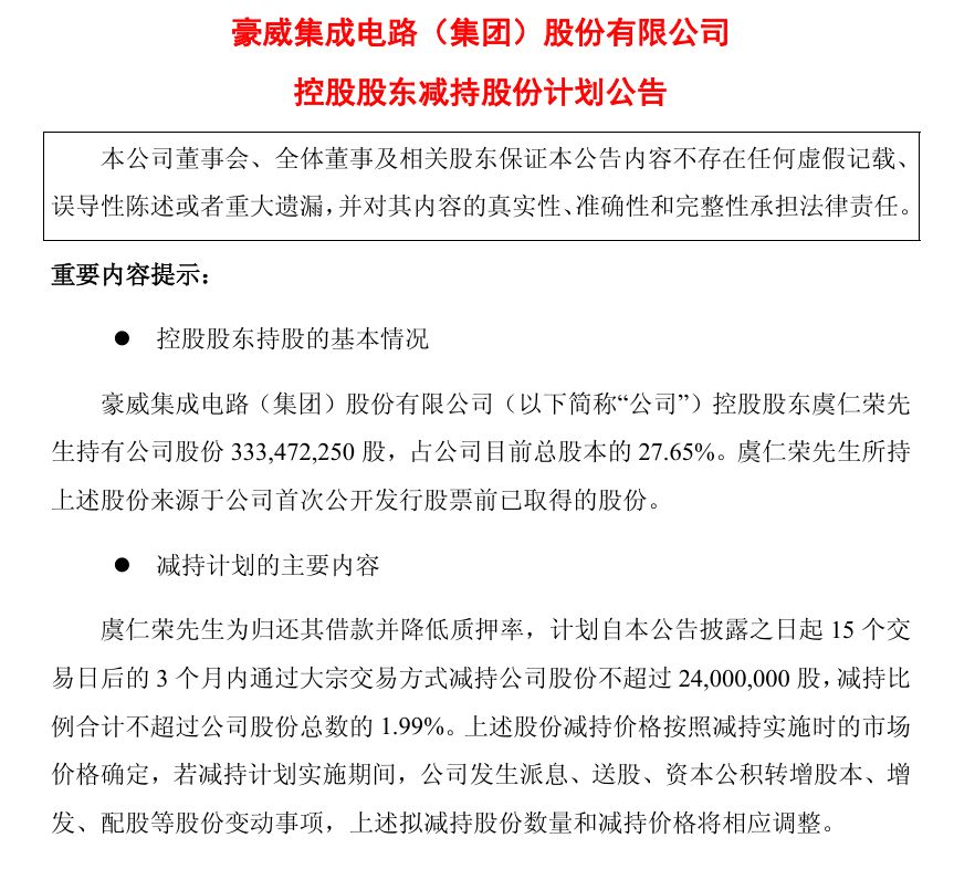 最高或套现超36亿元！A股芯片龙头豪威集团公告：控股股东虞仁荣拟减持