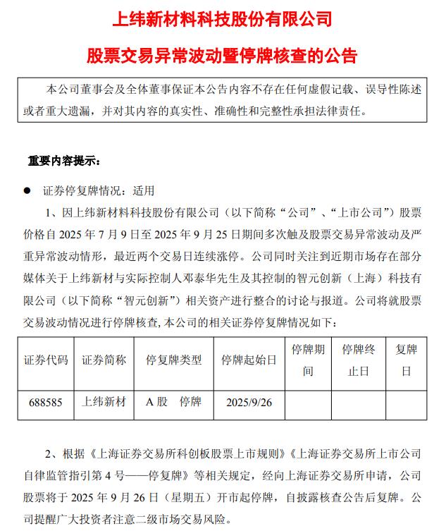 上纬新材：公司股票交易异常波动 将进行停牌核查