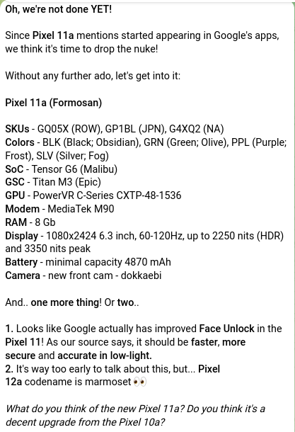 谷歌 Pixel 11a 手机曝光:Tensor G6 自研芯片 联发科 M90 基带