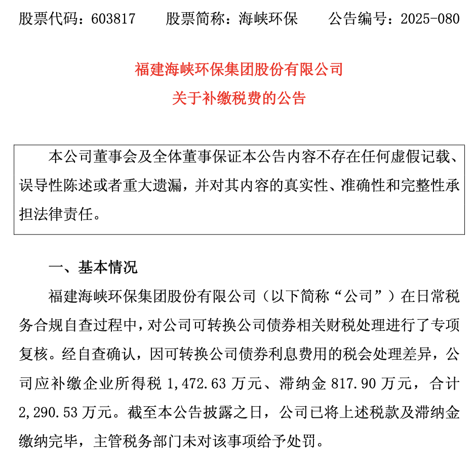 可转债利息税会差异，海峡环保补税超2290万元！同步影响当年净利润