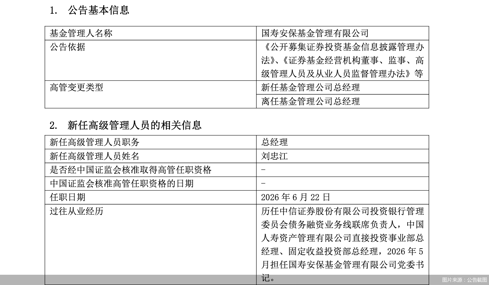 国寿安保基金：刘忠江新任公司总经理 鄂华因工作安排离任