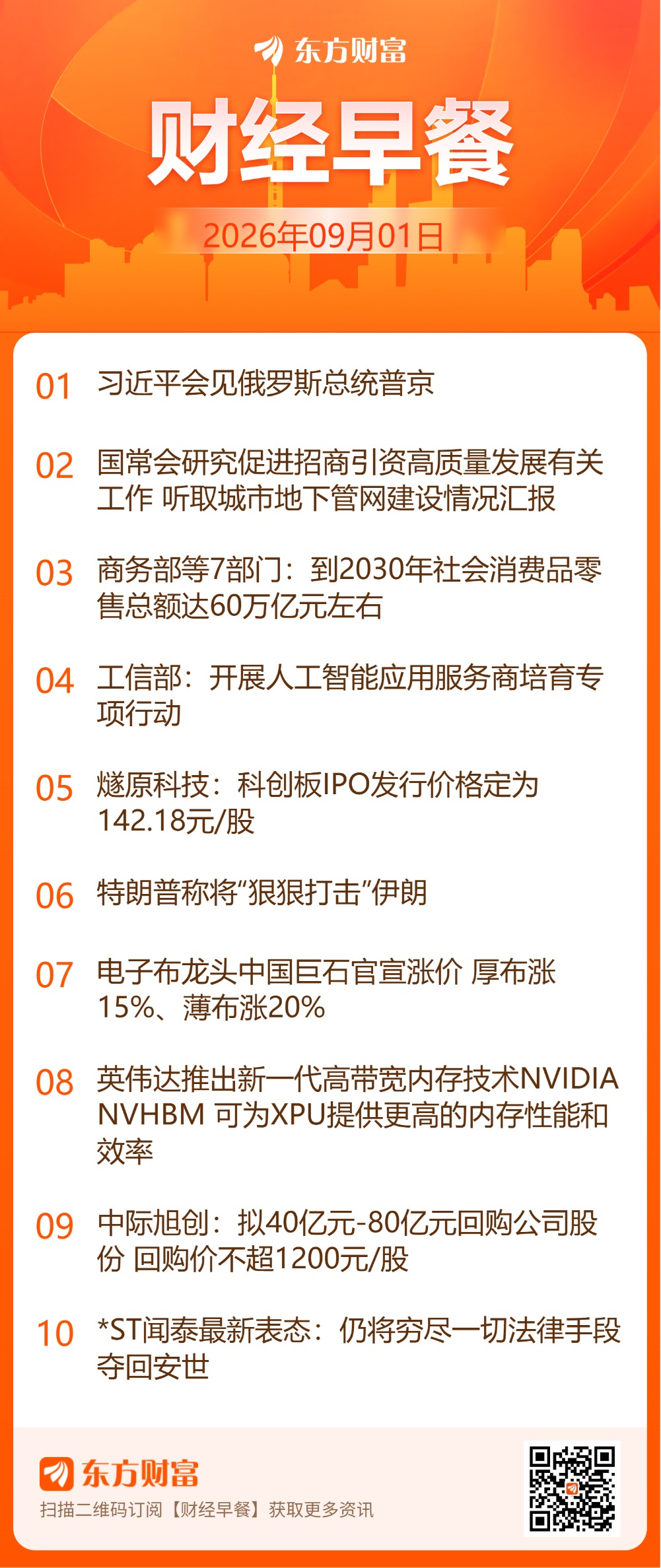 东方财富财经早餐 9月1日周二