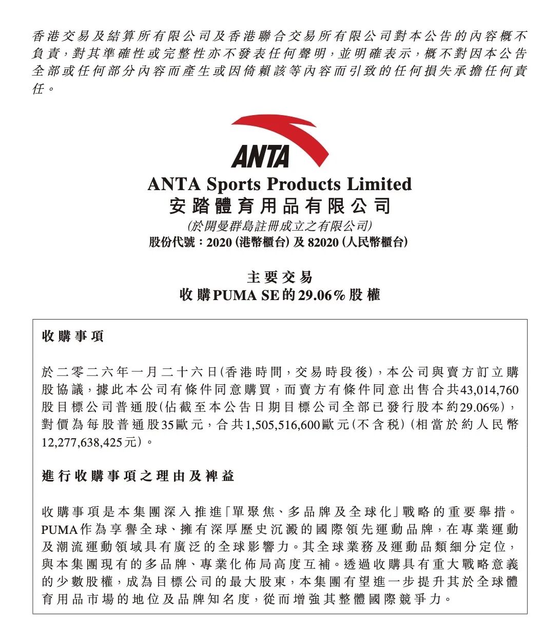 安踏拟收购彪马29.06%股权