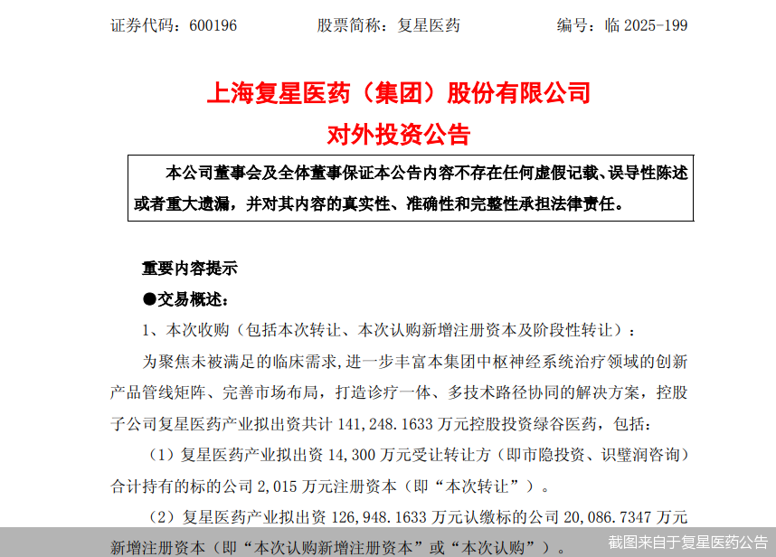 截图来自于复星医药公告