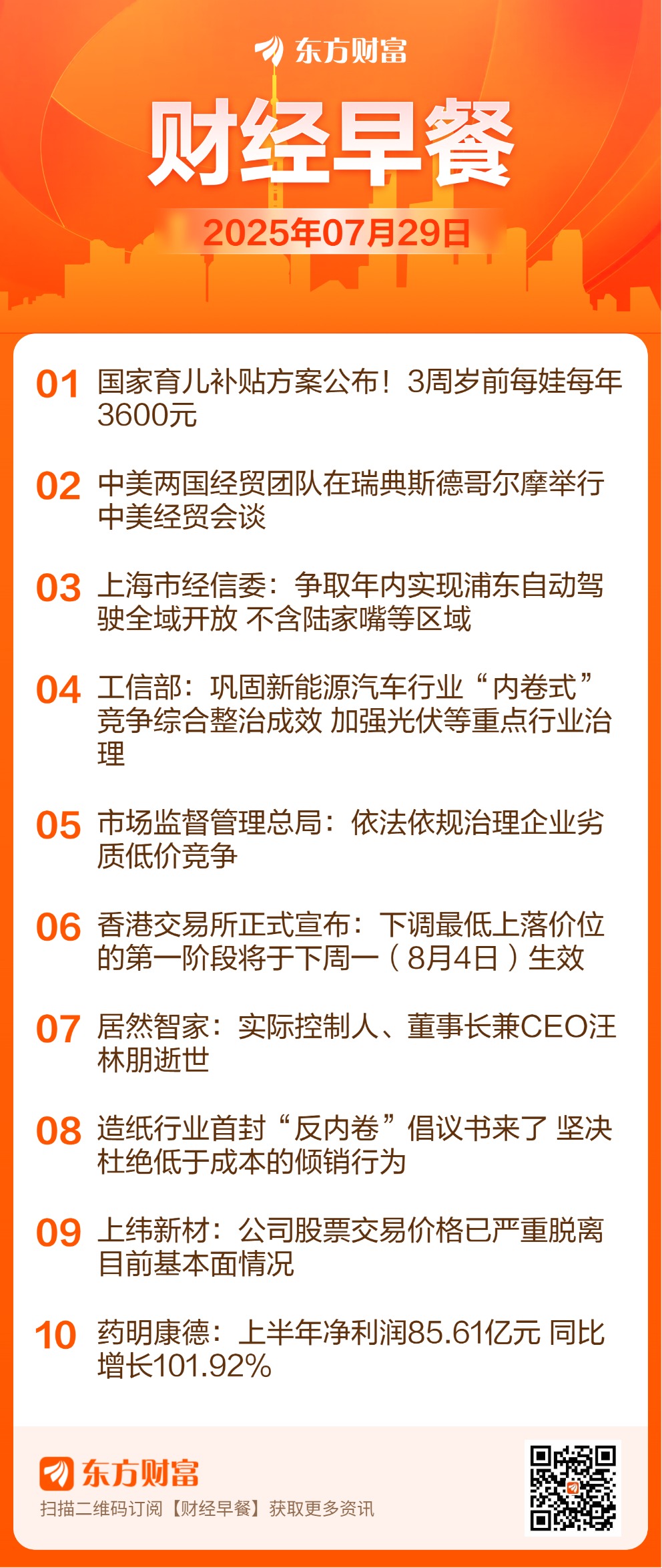 东方财富财经早餐 7月29日周二