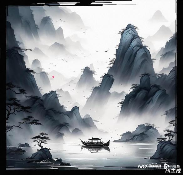 输入提示词"轻舟已过万重山,水墨画风格"生成的图片,是这样的(见下图)