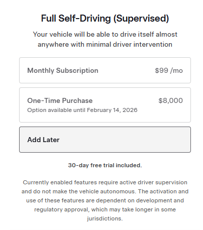 特斯拉即日起停售FSD买断版 全面转向订阅制 租金99美元每月