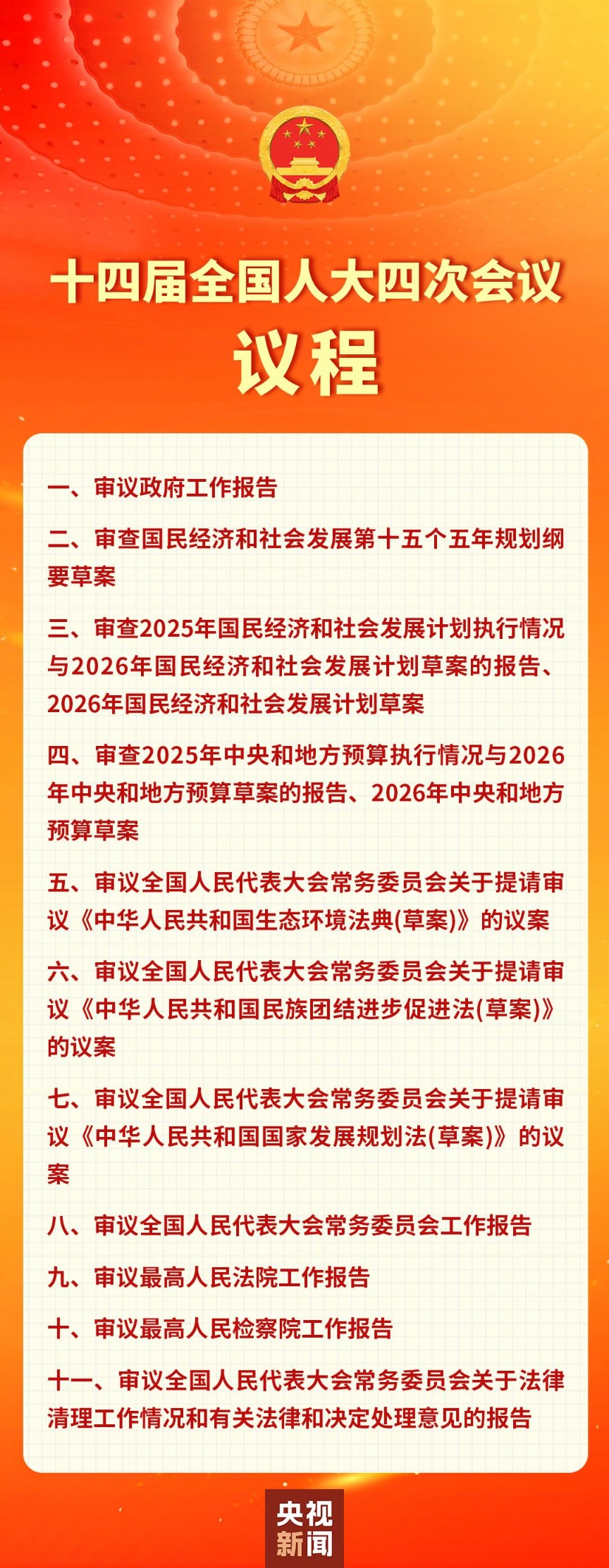 十四届全国人大四次会议3月5日上午开幕 会期8天