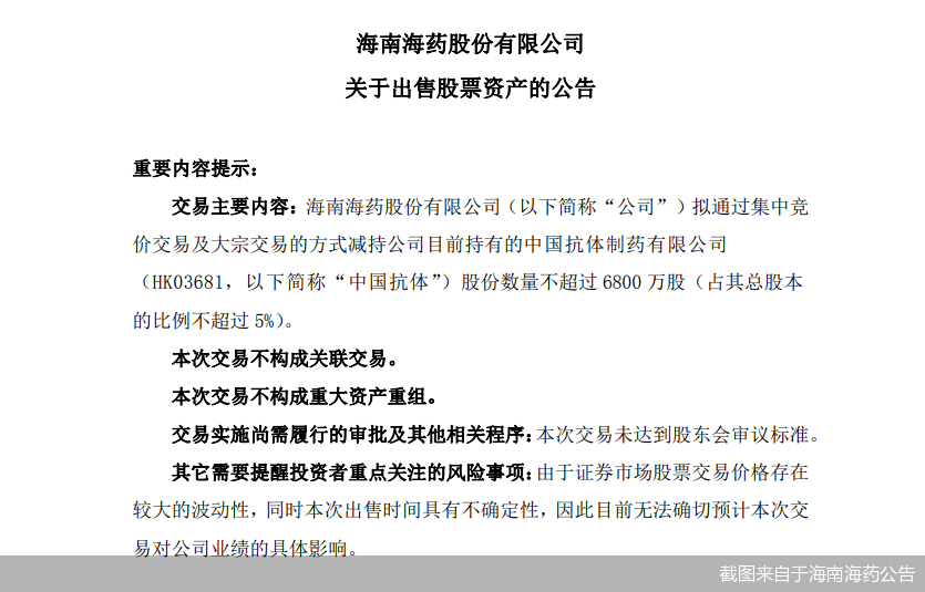 截图来自于海南海药公告