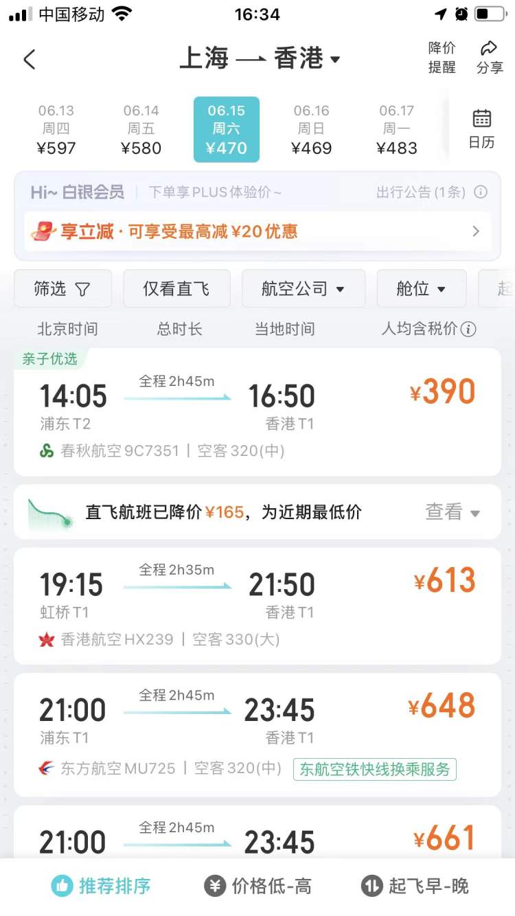 6月15日,上海飞香港的机票价格单纯从旅行时间来说,肯定是2小时40分