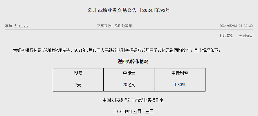 央行开展20亿元逆回购操作,单日完全对冲到期量