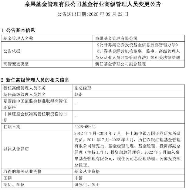 泉果基金赵诣出任公司副总经理