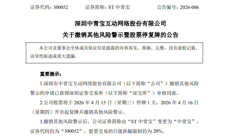 ST中青宝拟“摘帽”!4月15日停牌1天