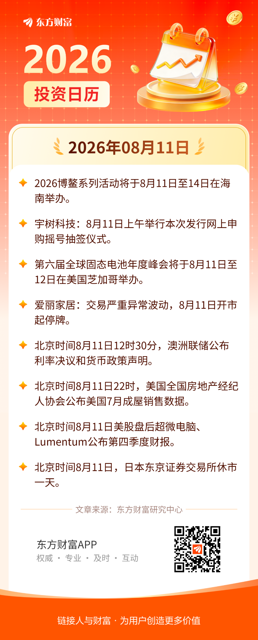 8月11日投资日历 | 2026博鳌系列活动将于今日起在海南举办