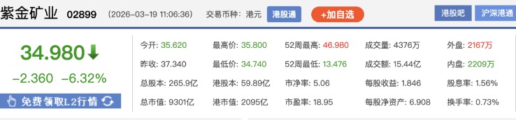 港股异动 | 紫金矿业H股跌超6% 港股黄金股走低