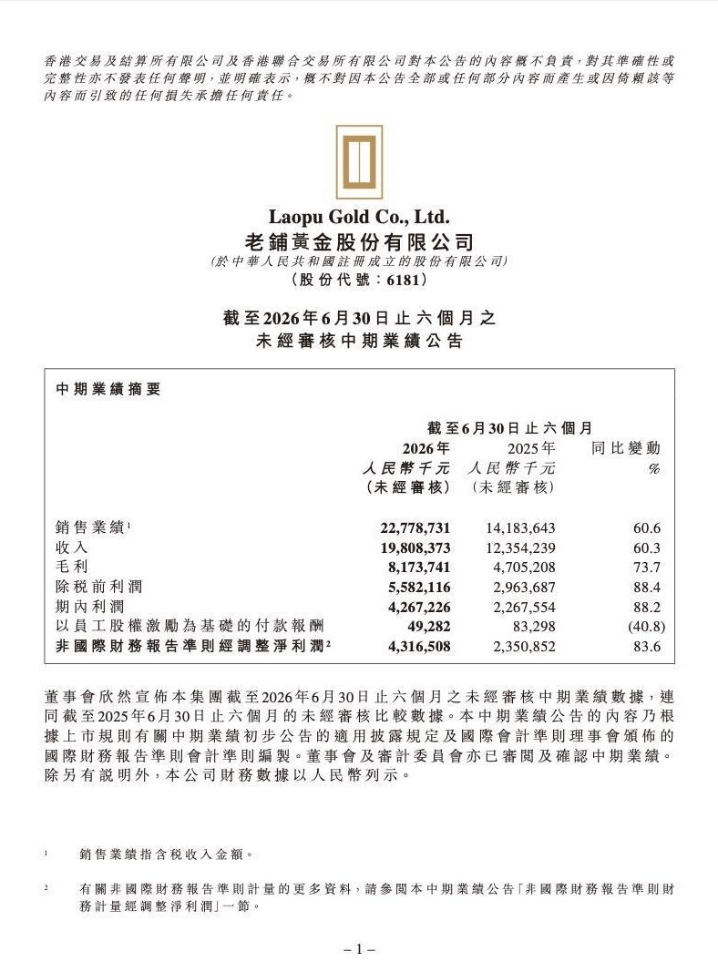 上半年净利增长近九成，二手折价近五成，老铺黄金高端化叙事成色仍待验？