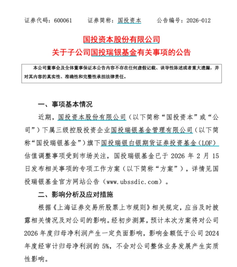 60061公告：白银基金估值调整事项，对净利润产生一定负面影响