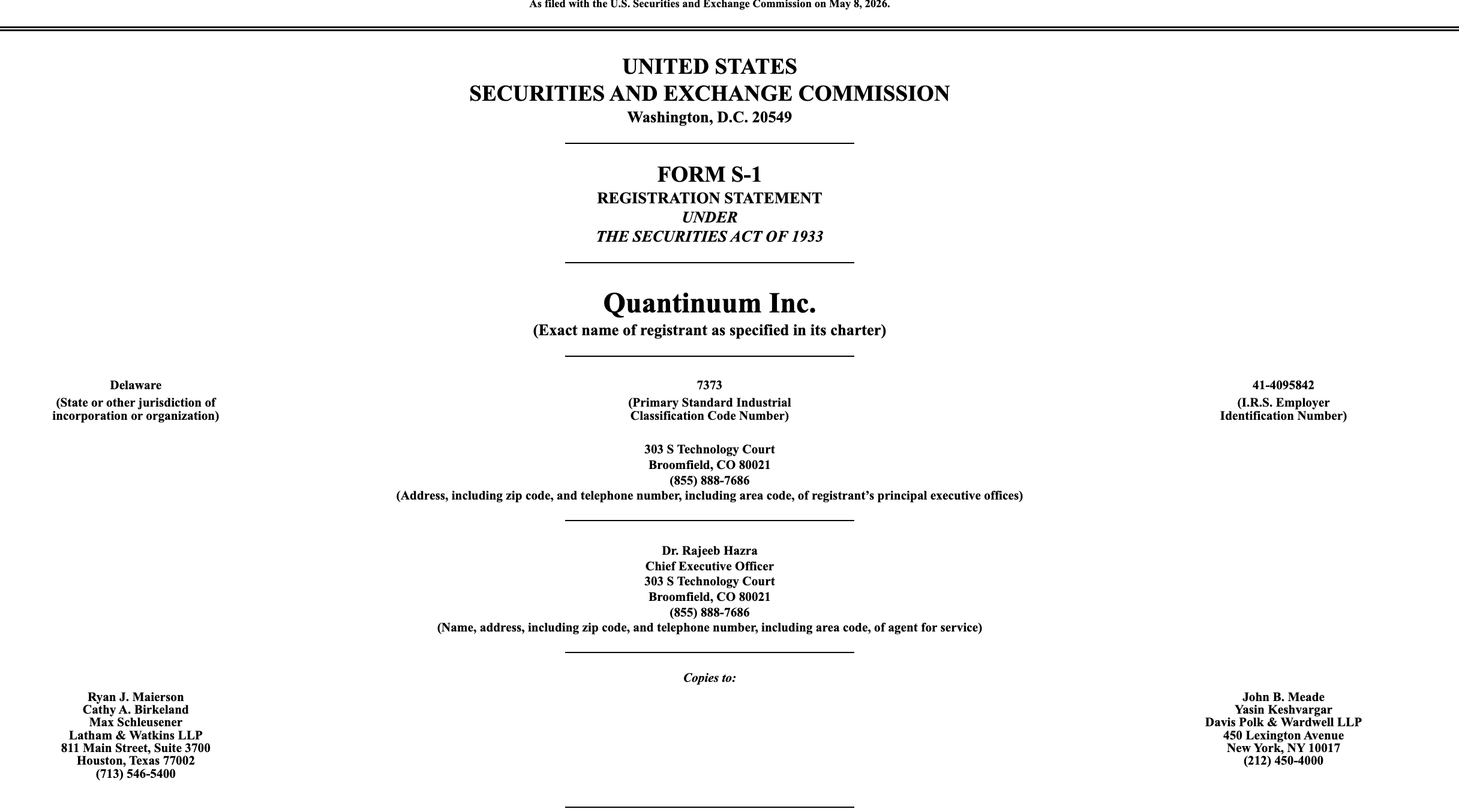 Quantinuum提交的申请文件，来源：SEC官网