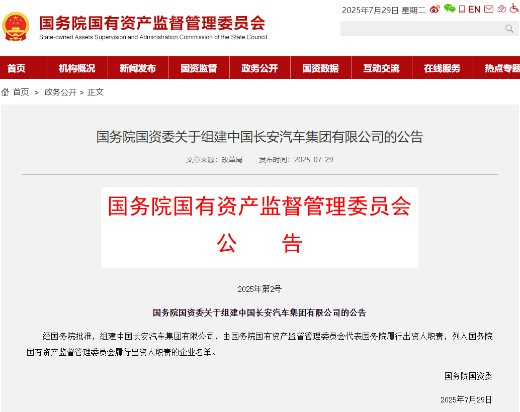 国务院国资委网站截图。