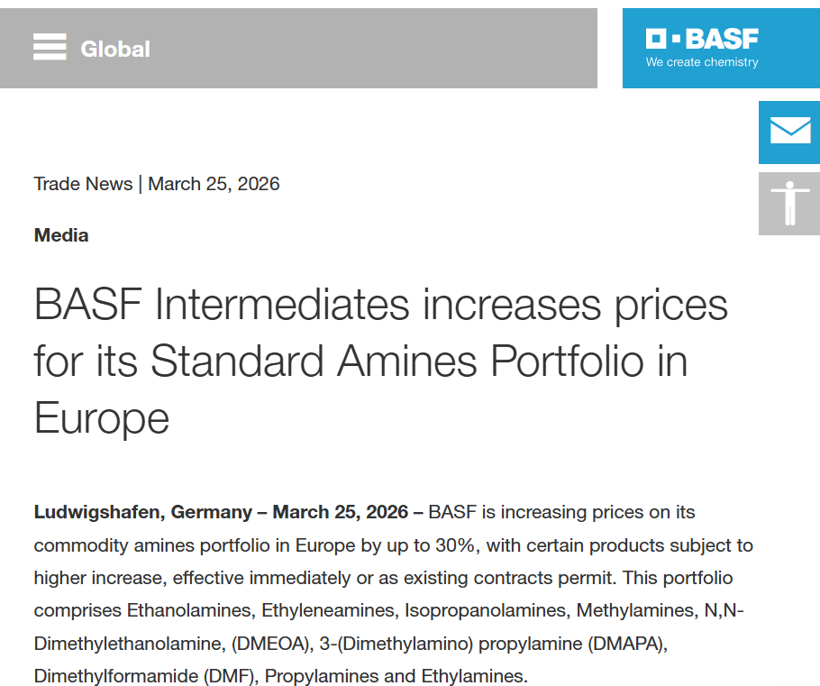 中东战火烧个不停 巴斯夫发布第五份涨价公告 基础胺类涨幅可达30%