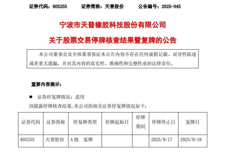 停牌前11连涨停！天普股份核查工作已完成 明起复牌