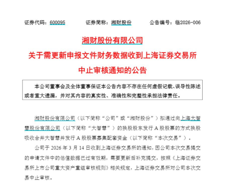 “十年联姻”再起波澜，湘财股份吸收合并大智慧突遭中止