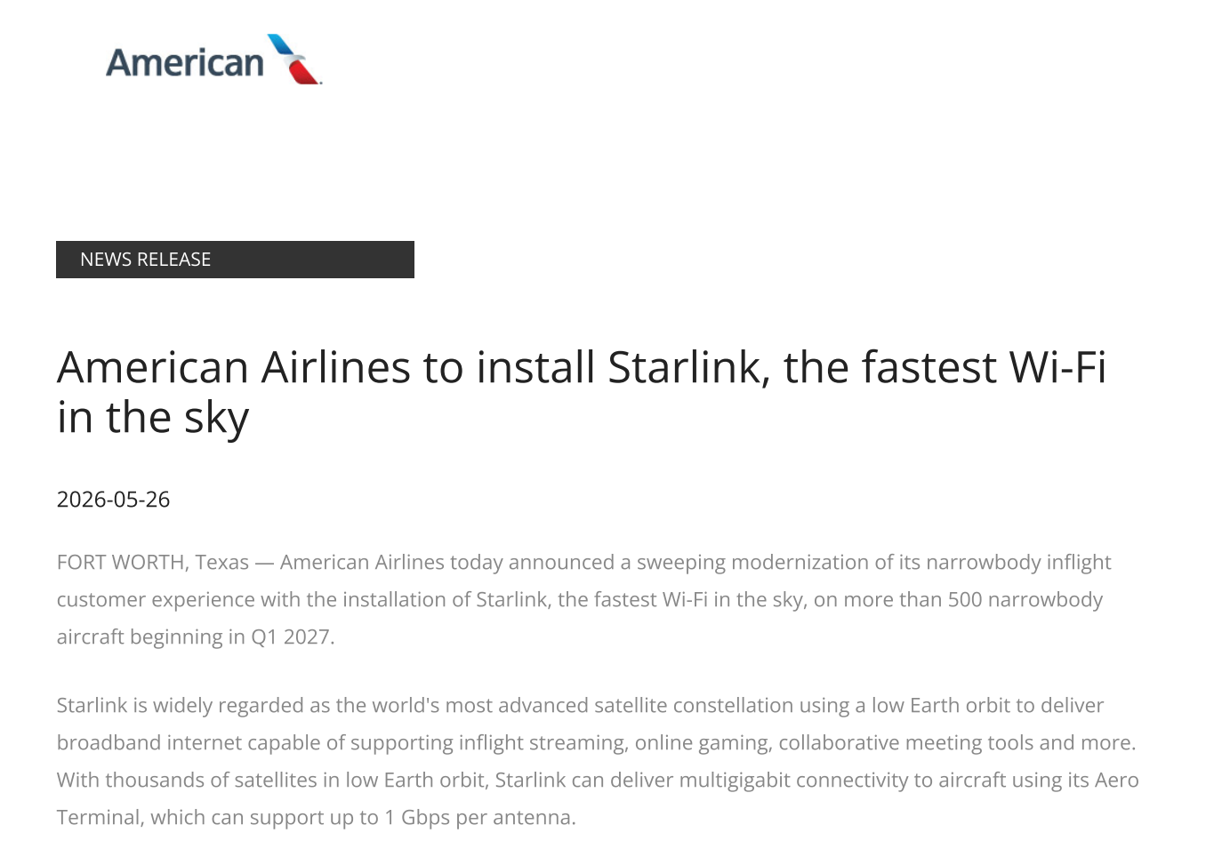 飞机WiFi卷成“家用宽带” 美国航空官宣500架客机接入星链