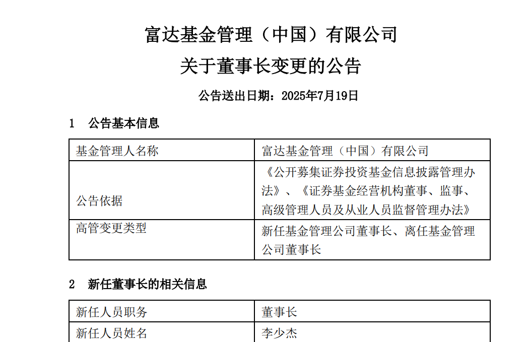 知名外资公募,变更董事长
