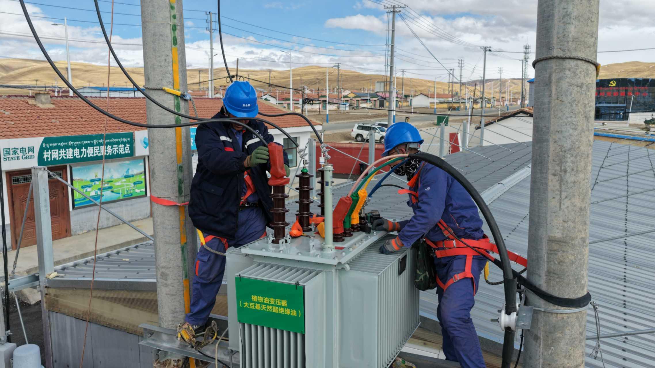 国网青海省电力公司研制的10千伏植物油配电变压器在青海玛多县玛拉驿村完成安装调试并挂网运行。刘玉斌