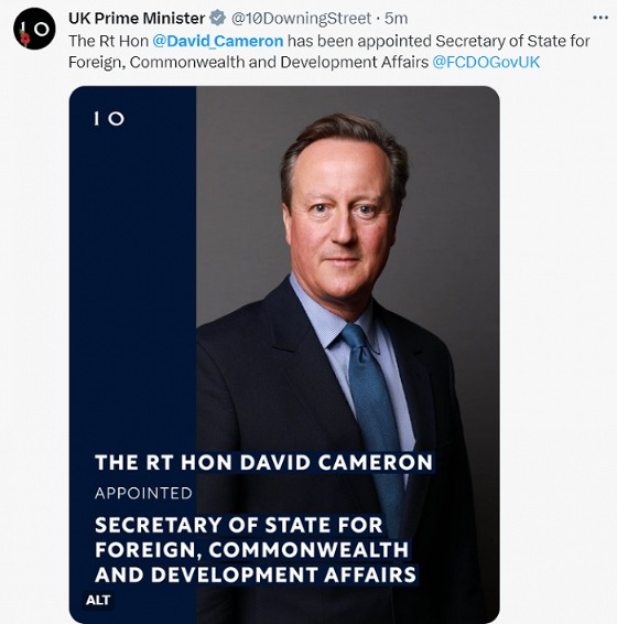 英国前首相卡梅伦被任命为外交大臣